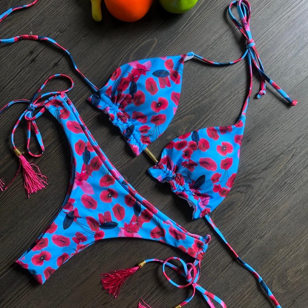 Maillot de bain deux pièces populaire pour femme - ensemble bikini push-up rembourré - ensemble bikini floral - maillot de bain deux pièces à volants taille basse - maillot de bain push-up