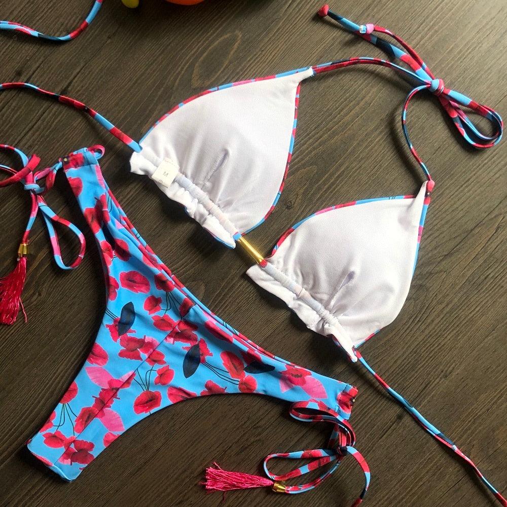 Maillot de bain deux pièces populaire pour femme - ensemble bikini push-up rembourré - ensemble bikini floral - maillot de bain deux pièces à volants taille basse - maillot de bain push-up