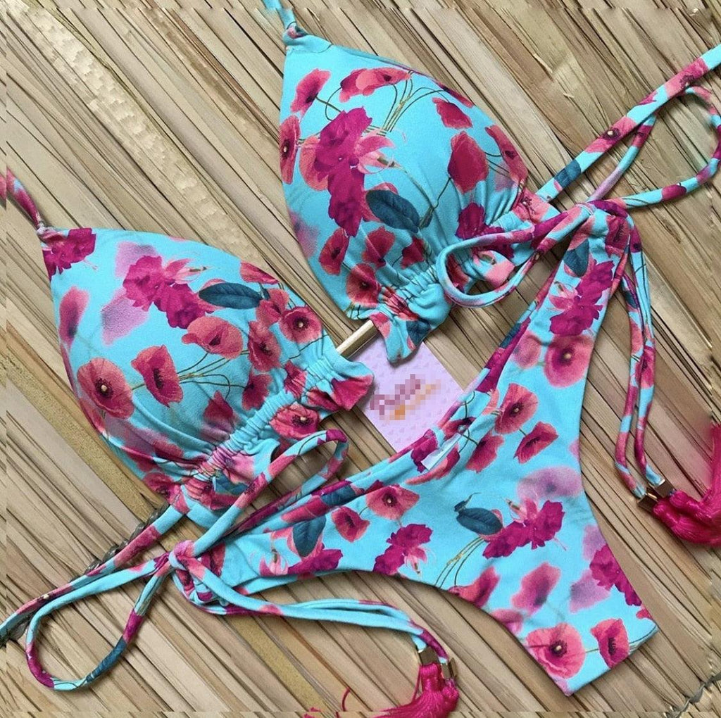 Maillot de bain deux pièces populaire pour femme - ensemble bikini push-up rembourré - ensemble bikini floral - maillot de bain deux pièces à volants taille basse - maillot de bain push-up