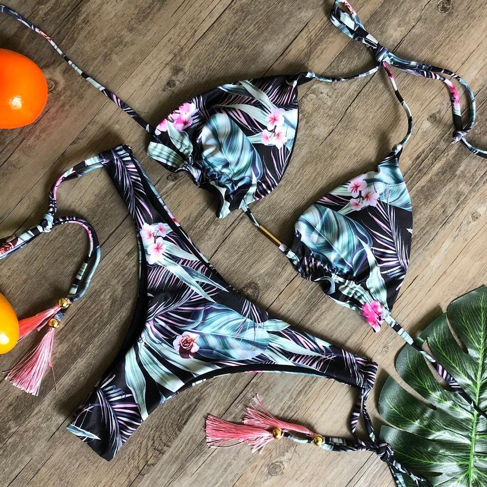 Maillot de bain deux pièces populaire pour femme - ensemble bikini push-up rembourré - ensemble bikini floral - maillot de bain deux pièces à volants taille basse - maillot de bain push-up