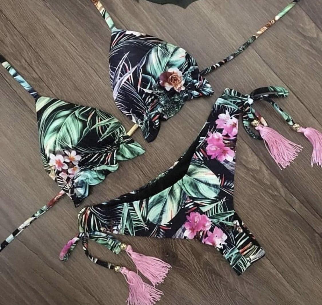 Maillot de bain deux pièces populaire pour femme - ensemble bikini push-up rembourré - ensemble bikini floral - maillot de bain deux pièces à volants taille basse - maillot de bain push-up