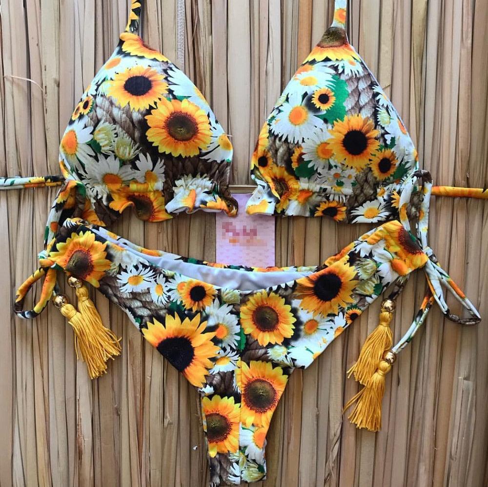 Maillot de bain deux pièces populaire pour femme - ensemble bikini push-up rembourré - ensemble bikini floral - maillot de bain deux pièces à volants taille basse - maillot de bain push-up