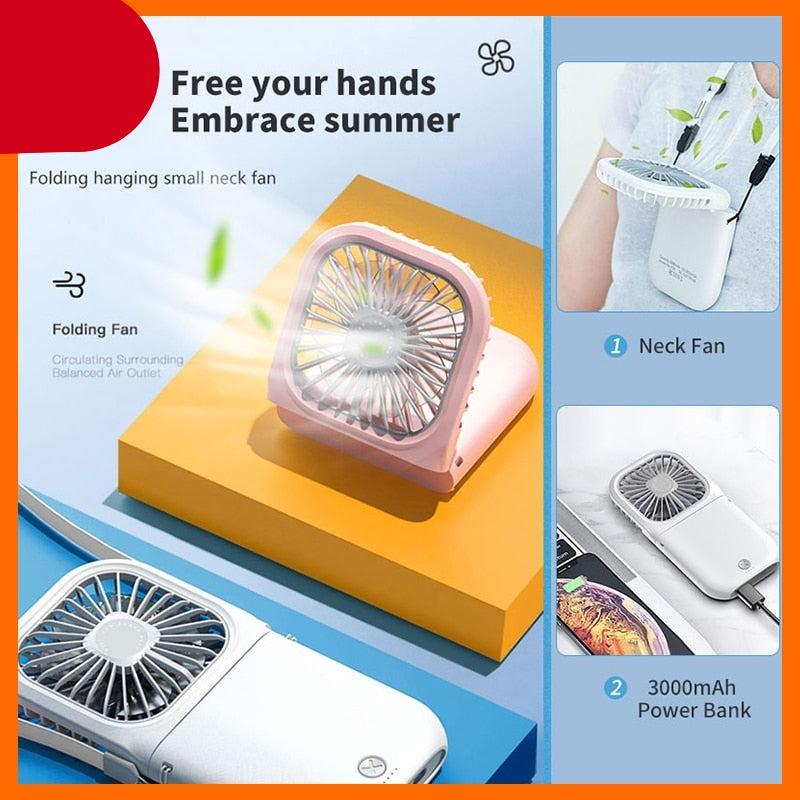 Ventilateur de cou portable pour climatiseur avec batterie externe de 3000 mAh Mini ventilateur de bureau USB pliable Ventilateur de refroidissement d'air personnel pliable rechargeable par USB pour la maison, le bureau et les voyages en extérieur