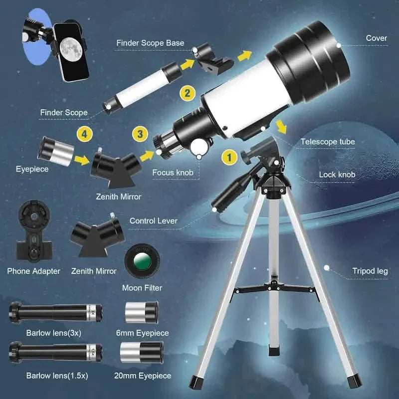 Télescope astronomique portable 150X, télescope monoculaire avec trépied, ouverture de 70 mm