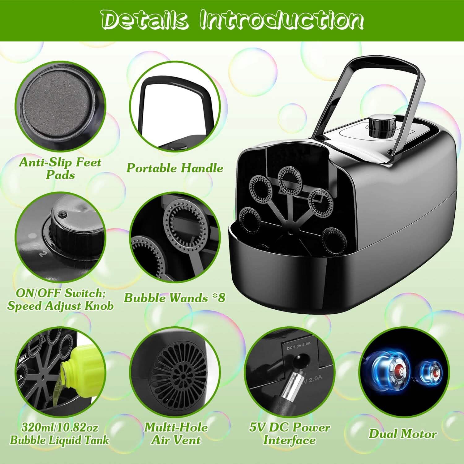 Machine à bulles portable avec 2 vitesses Poignée 3000-4000 bulles par minute Alimentation par prise ou piles