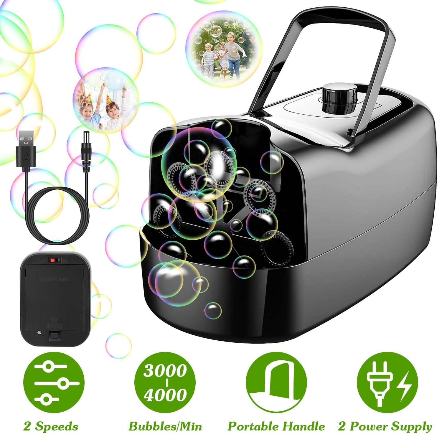 Machine à bulles portable avec 2 vitesses Poignée 3000-4000 bulles par minute Alimentation par prise ou piles
