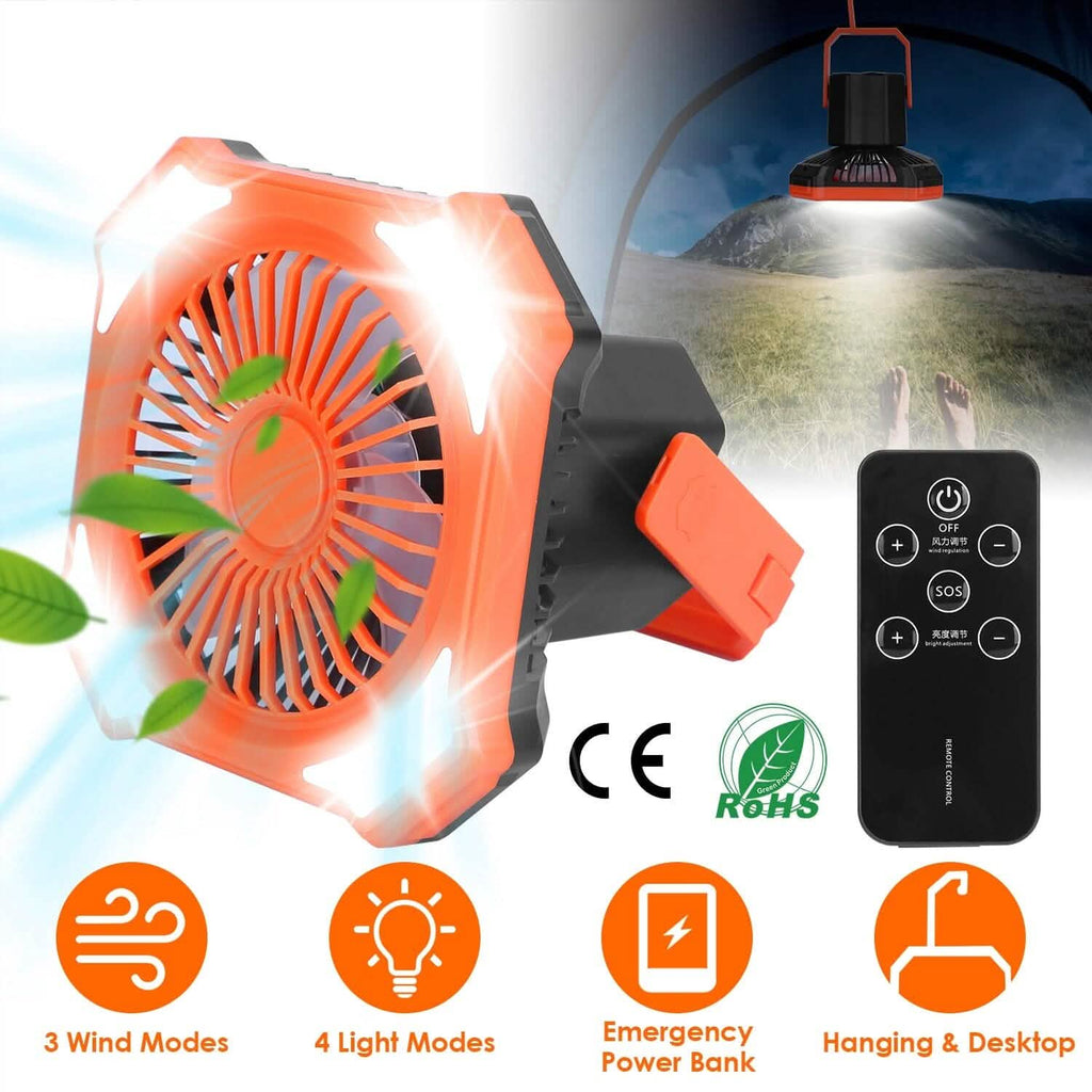 Ventilateur lanterne de camping portable alimenté par batterie 10000mAh avec 4 modes d'éclairage