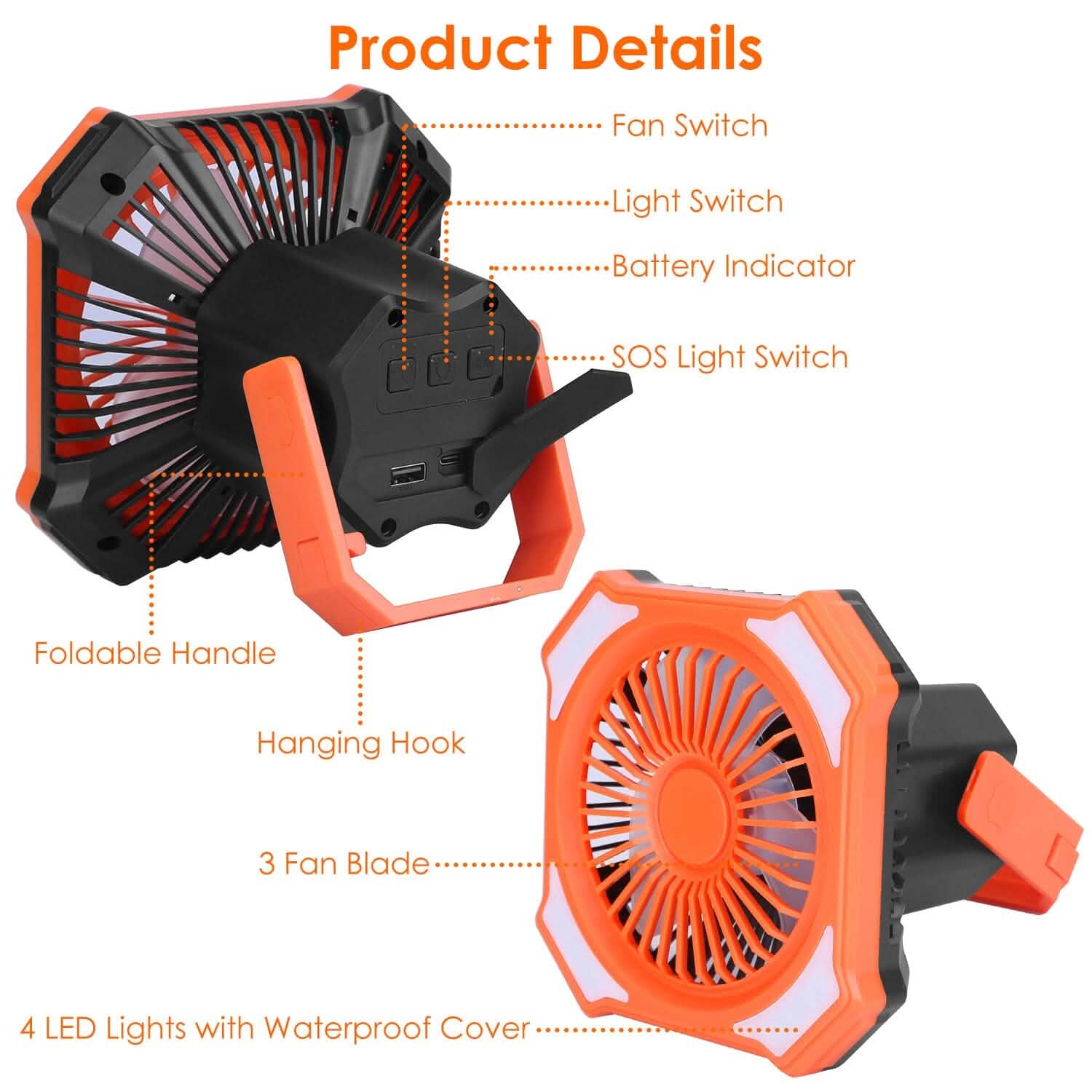 Ventilateur lanterne de camping portable alimenté par batterie 10000mAh avec 4 modes d'éclairage