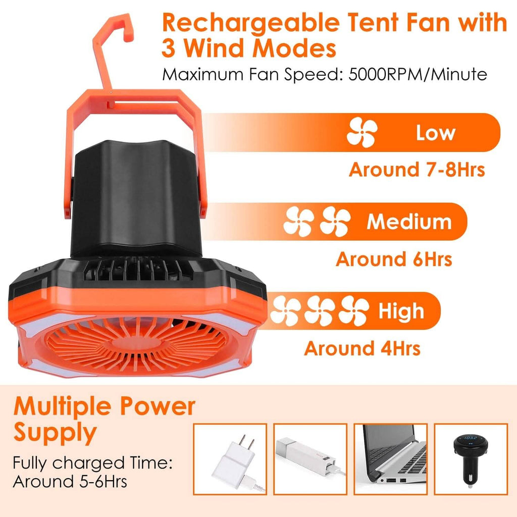 Ventilateur lanterne de camping portable alimenté par batterie 10000mAh avec 4 modes d'éclairage