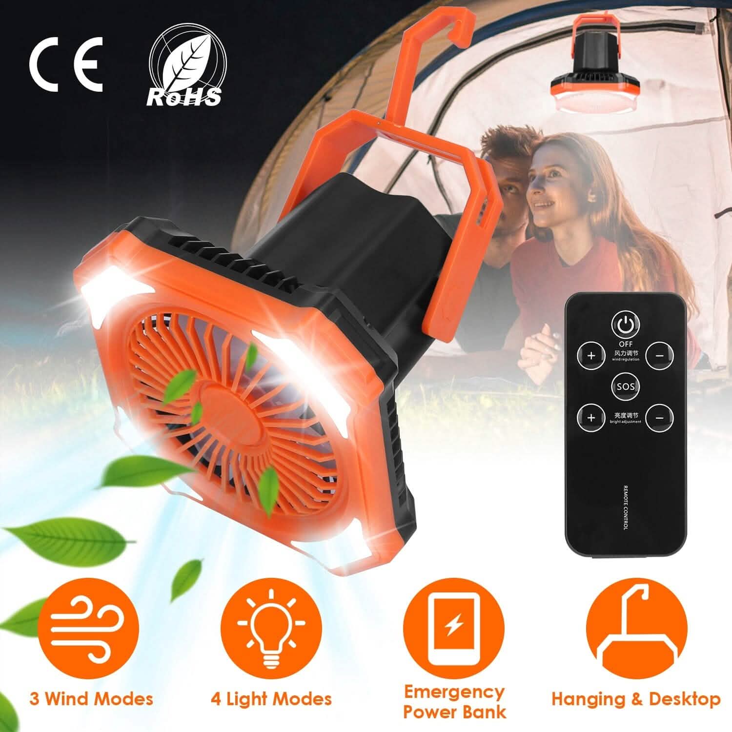 Ventilateur lanterne de camping portable alimenté par batterie 10000mAh avec 4 modes d'éclairage