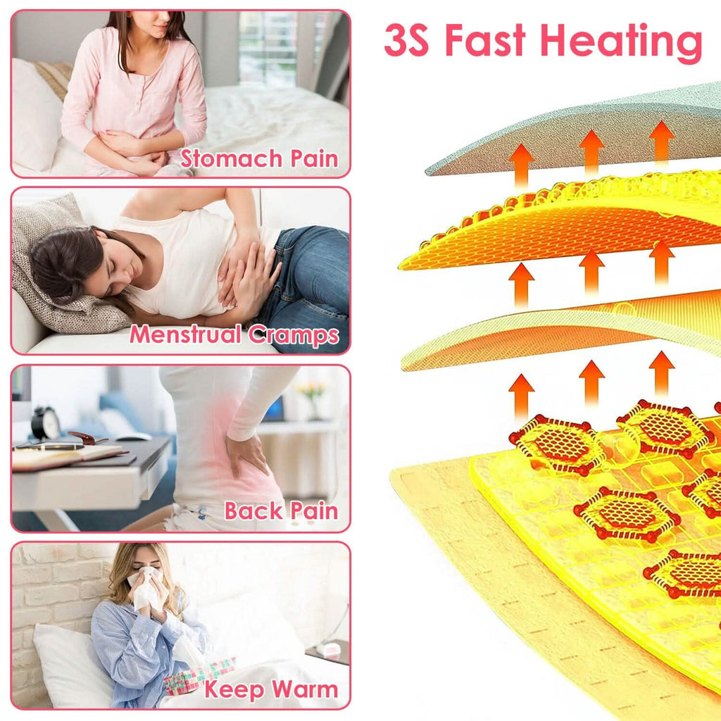 Plaque chauffante portable pour crampes, chauffe rapidement avec 3 niveaux de chaleur et 3 modes de massage