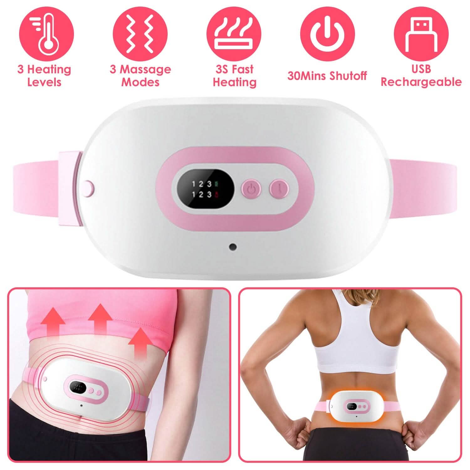 Plaque chauffante portable pour crampes, chauffe rapidement avec 3 niveaux de chaleur et 3 modes de massage