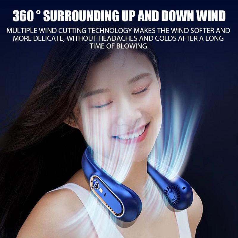 Mini ventilateur portable à suspendre au cou, sans pales, avec affichage numérique de la puissance, refroidisseur d'air, rechargeable par USB, 5 vitesses, ventilateur personnel pour femmes et hommes