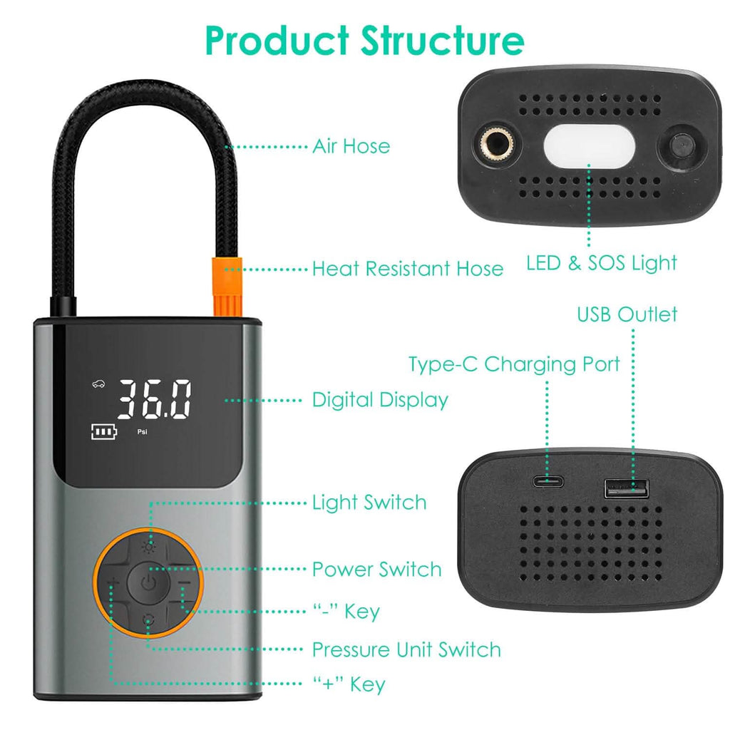 Mini-gonfleur de pneus portable avec écran numérique et lumière LED
