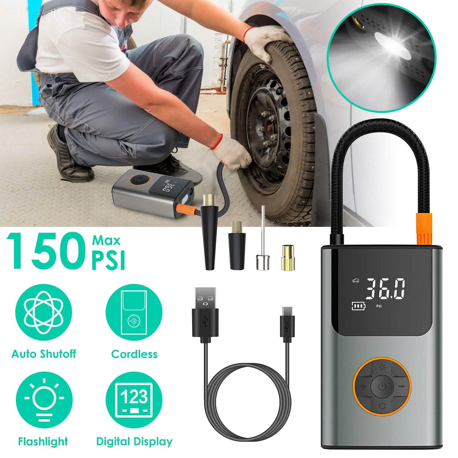 Mini-gonfleur de pneus portable avec écran numérique et lumière LED