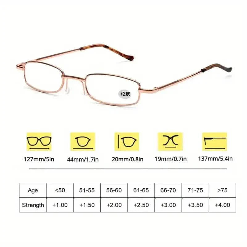 Lunettes de lecture portables pour presbytes avec étui-stylo – Unisexe, Monture métallique, Charnière à ressort, +1.00~+4.00, Verres en plastique