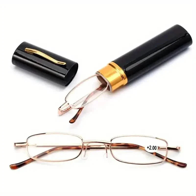 Lunettes de lecture portables pour presbytes avec étui-stylo – Unisexe, Monture métallique, Charnière à ressort, +1.00~+4.00, Verres en plastique