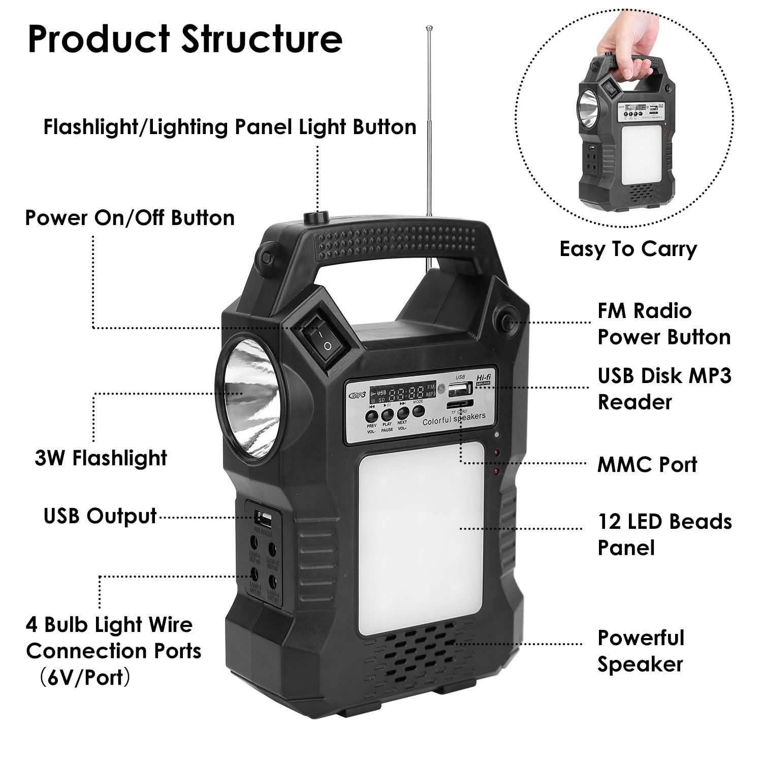 Centrale Électrique Solaire Portable avec Lampe Torche et 3 Ampoules d'Éclairage
