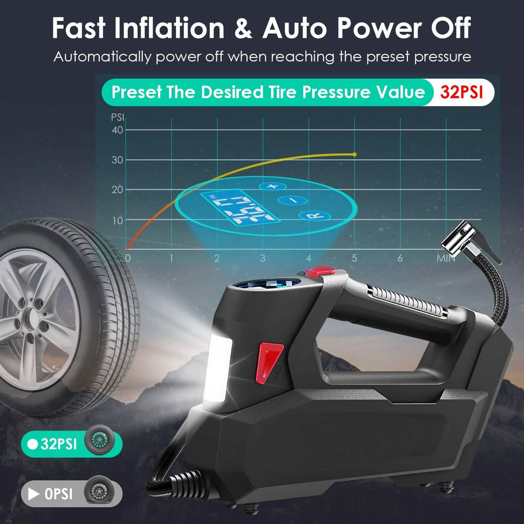 Compresseur d'air portable 120 PSI maximum 90W Pompe à pneu avec affichage numérique LED