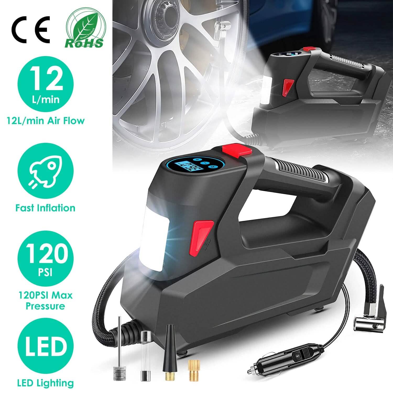 Compresseur d'air portable 120 PSI maximum 90W Pompe à pneu avec affichage numérique LED