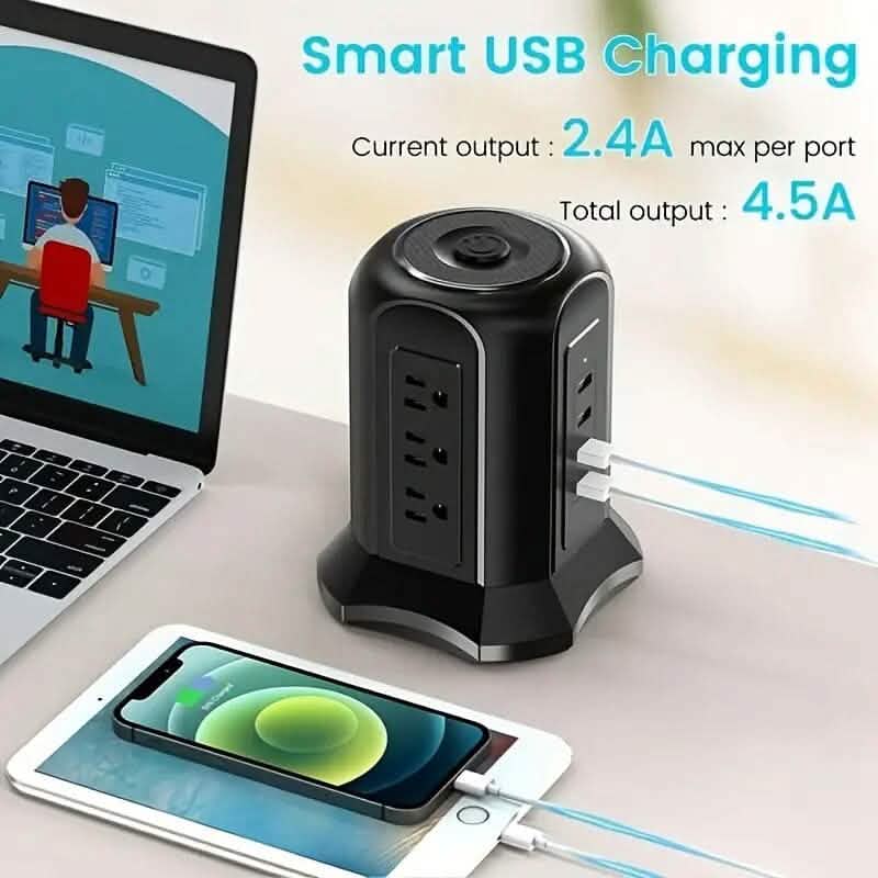Tour Multiprise avec 9 Prises 4 Ports USB Cordon de 2 m.