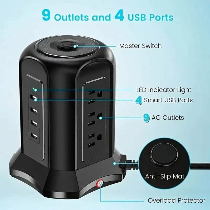 Tour Multiprise avec 9 Prises 4 Ports USB Cordon de 2 m.