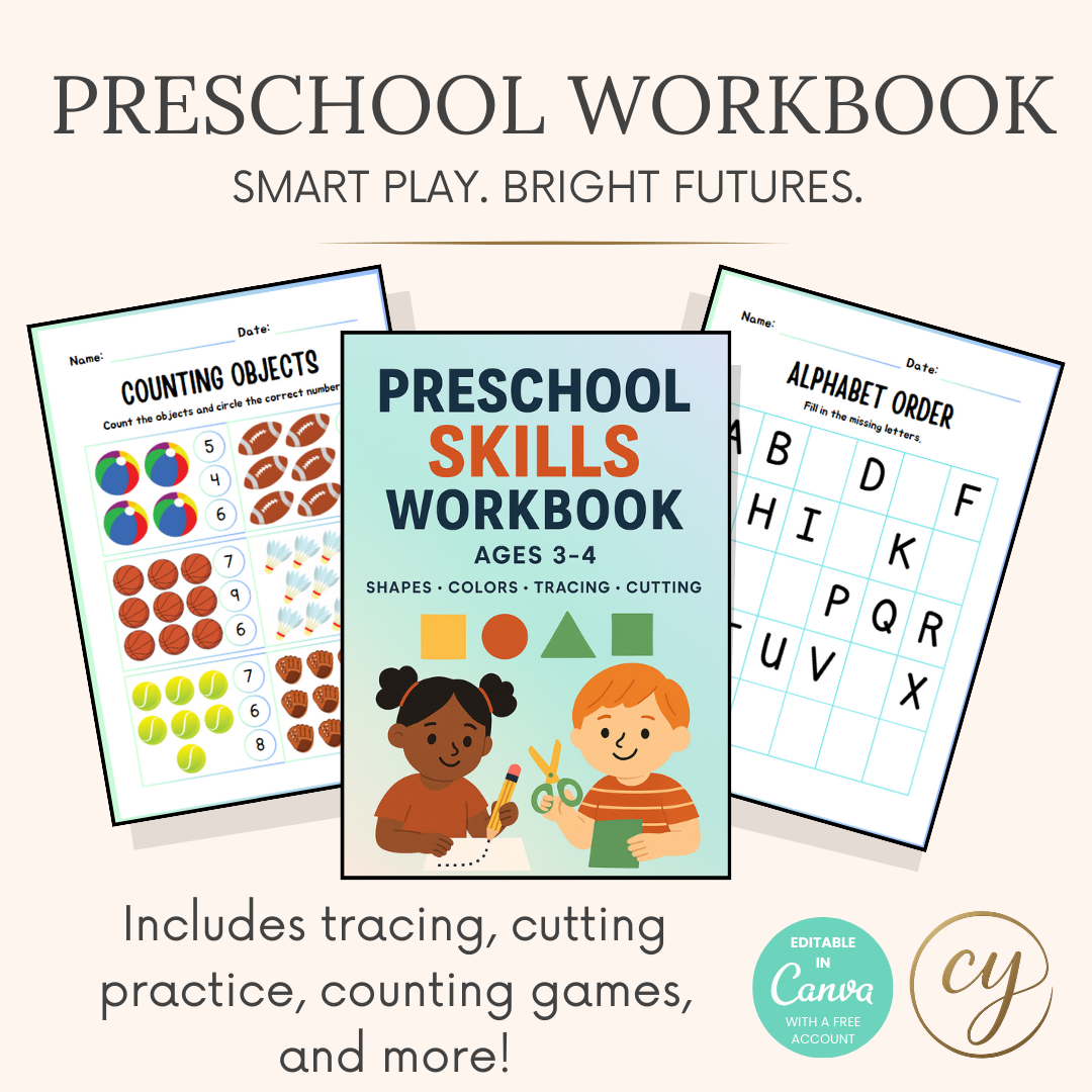 Cahier d'exercices modifiable pour la maternelle (3-4 ans) – 17 pages