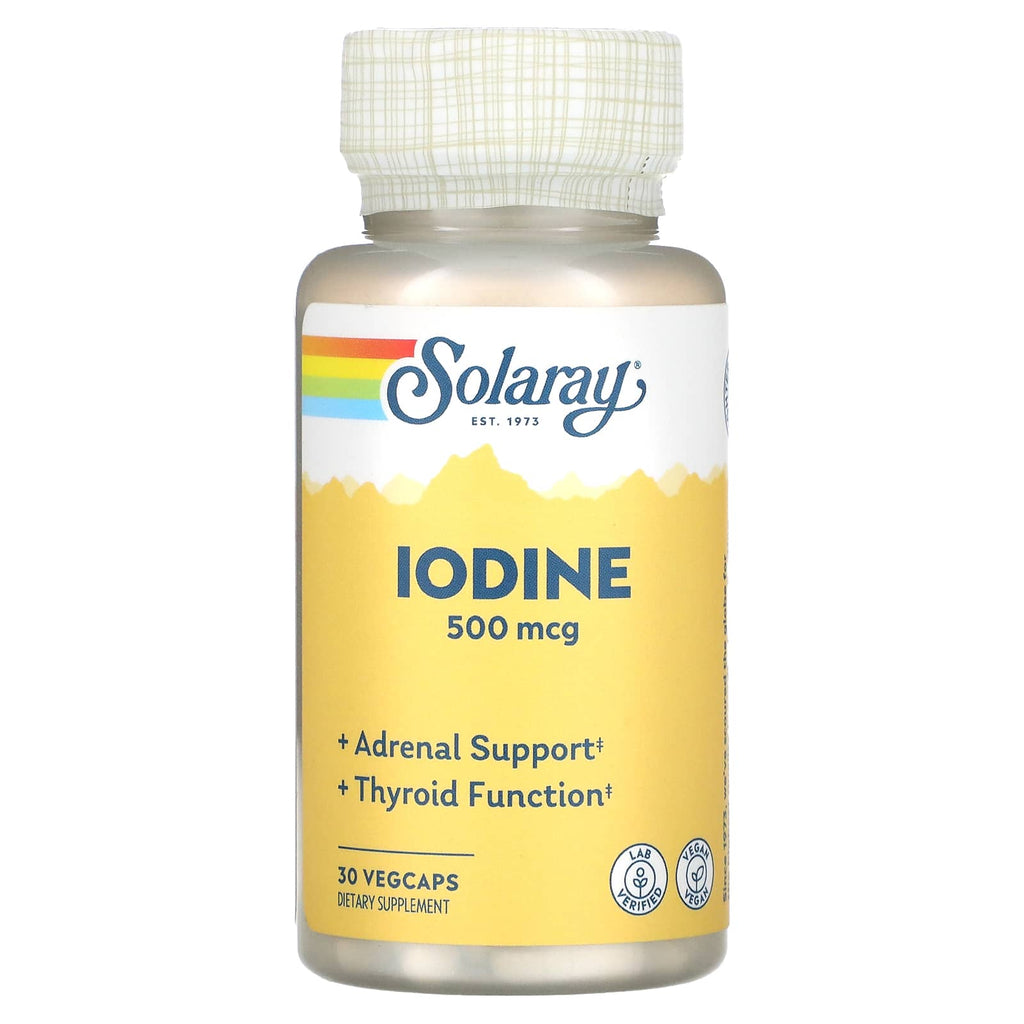 Solaray Iode 500 mcg, supplément d'iode pour le soutien sain des glandes surrénales et de la thyroïde, l'énergie, le métabolisme et la concentration, iodure de potassium, végétalien, garantie de remboursement de 60 jours, 30 portions, 30 VegCaps