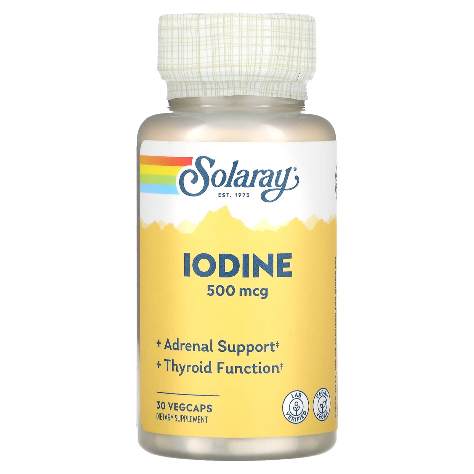 Solaray Iode 500 mcg, supplément d'iode pour le soutien sain des glandes surrénales et de la thyroïde, l'énergie, le métabolisme et la concentration, iodure de potassium, végétalien, garantie de remboursement de 60 jours, 30 portions, 30 VegCaps