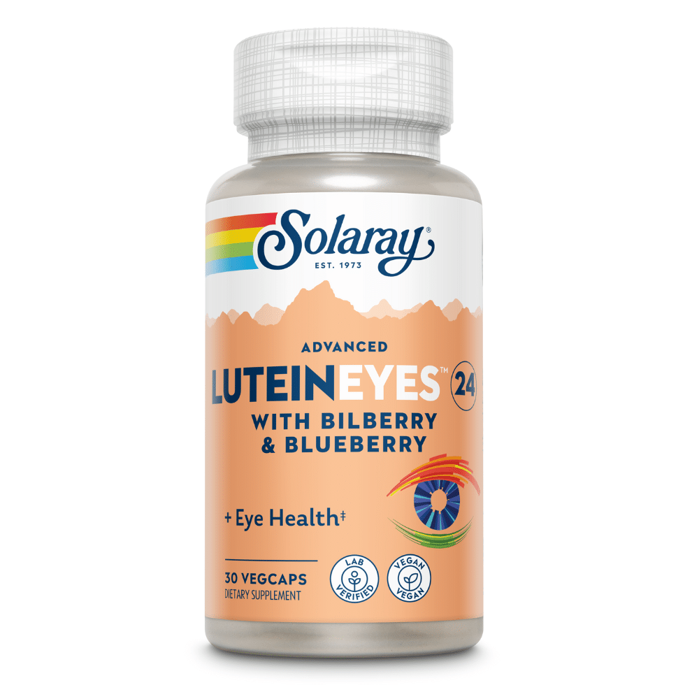 SOLARAY Lutein Avancée Yeux 24mg avec Extrait de Myrtille et Extrait de Baie d'Açaï, Supplément de Soutien pour la Santé des Yeux et de la Macula Fournissant de la Zéaxanthine de Fleur de Souci, Végétalien, 30 Portions, 30 Gélules Végétales