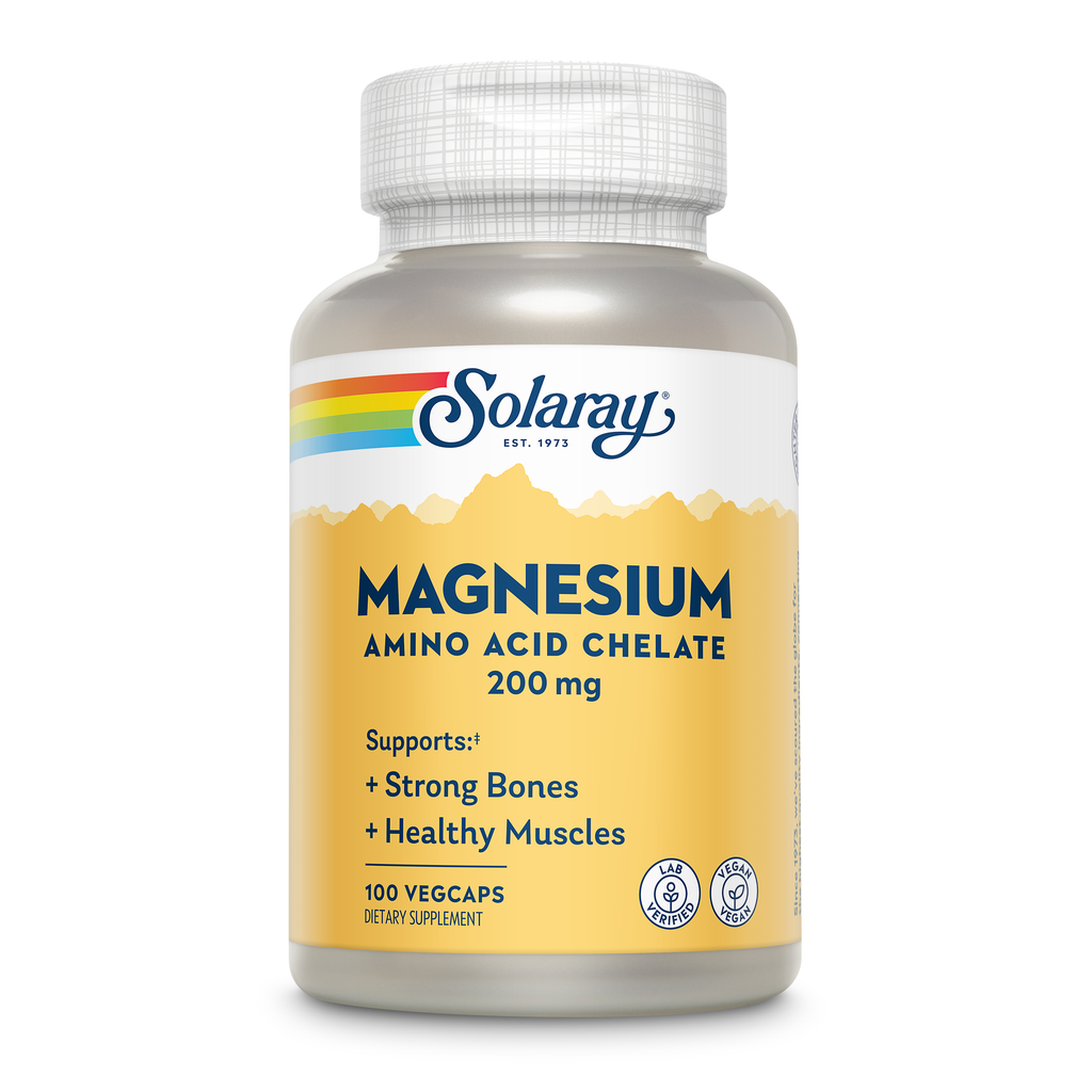 Solaray Magnésium Chélaté Acides Aminés 200 mg, Complément de Magnésium Chélaté pour la Santé Osseuse, la Santé Cardiaque et le Soutien de la Fonction Musculaire, Végétalien, Garantie de Remboursement de 60 Jours, 100 Portions, 100 VegCaps