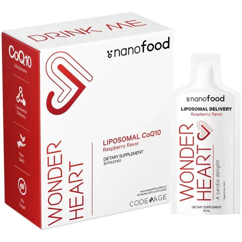 Codeage - CoQ10 Liquide Liposomal Wonder Heart sous forme d'Ubiquinone avec Huile de Tournesol Non-OGM, Goût Framboise - 30 Sachets