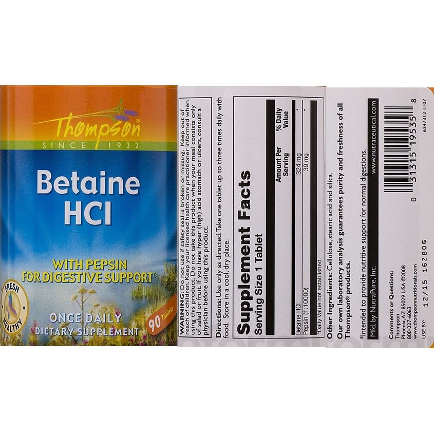 Thompson - Bétaïne HCl avec Pepsine - 90 Comprimés - Lot de 2
