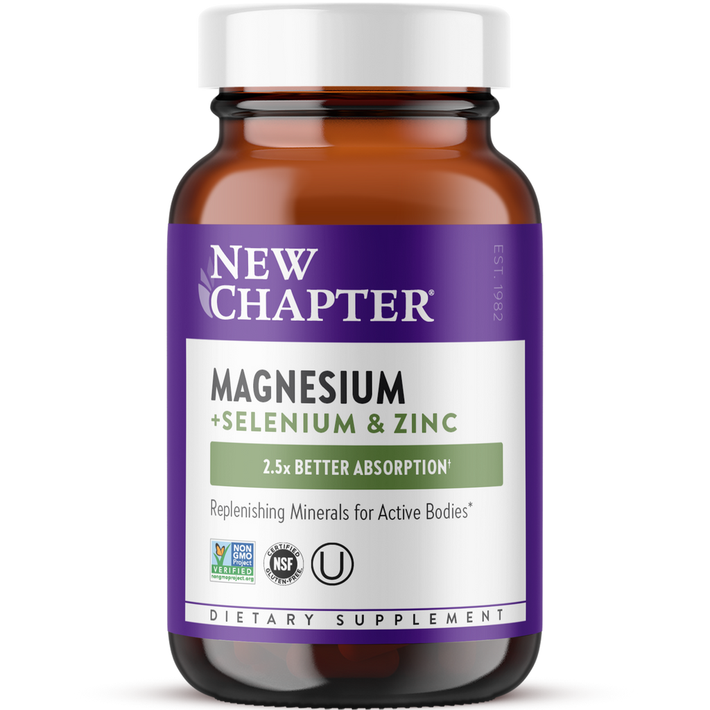 New Chapter Complément Magnésium-Sélénium-Zinc pour Corps Actifs, Récupérez Après l'Effort Grâce aux Minéraux de Soutien Musculaire + Électrolytes Hydratants, 325 mg de Magnésium dans un Comprimé Quotidien, 30 Comprimés
