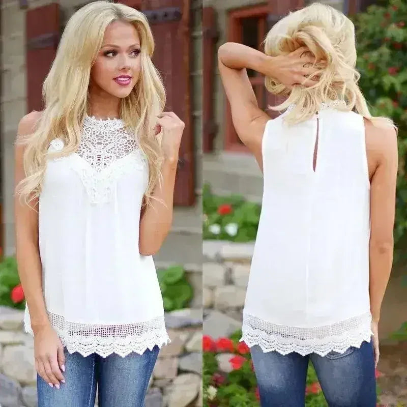 Haut sans manches en dentelle pour femme, chemise décontractée vintage blanche en crochet