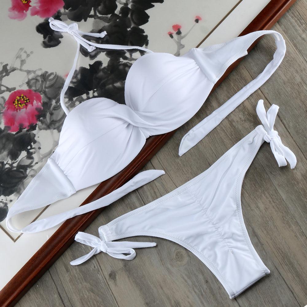 Ensemble de bikinis solides à lanières, maillot de bain push-up blanc, maillot de bain pour femme, bas de bikini côtelé à nouer, maillot de bain string ajustable à lacets pour femme