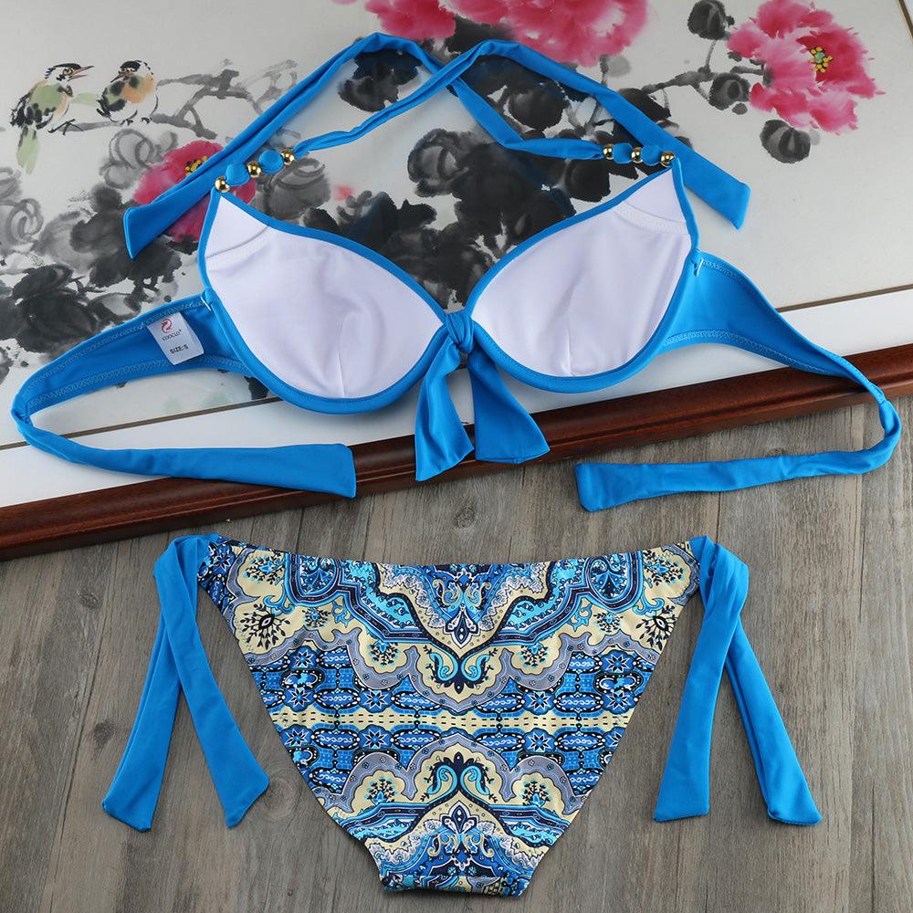 Ensemble de bikinis solides à lanières, maillot de bain push-up blanc, maillot de bain pour femme, bas de bikini côtelé à nouer, maillot de bain string ajustable à lacets pour femme