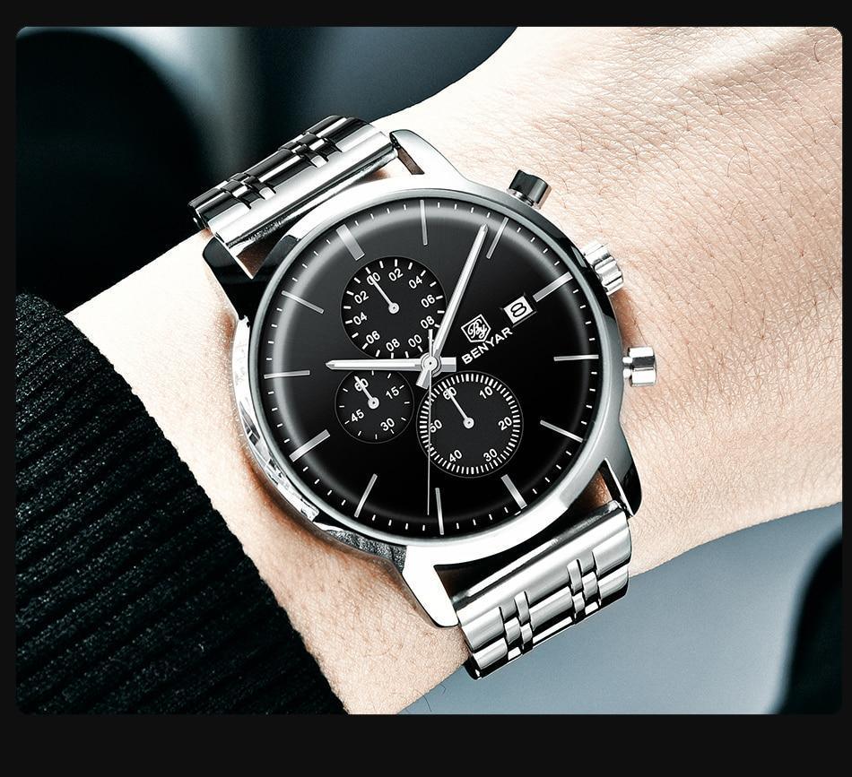 Montre homme d'affaires en acier 2021, montre-bracelet décontractée de luxe à quartz étanche en cuir pour homme