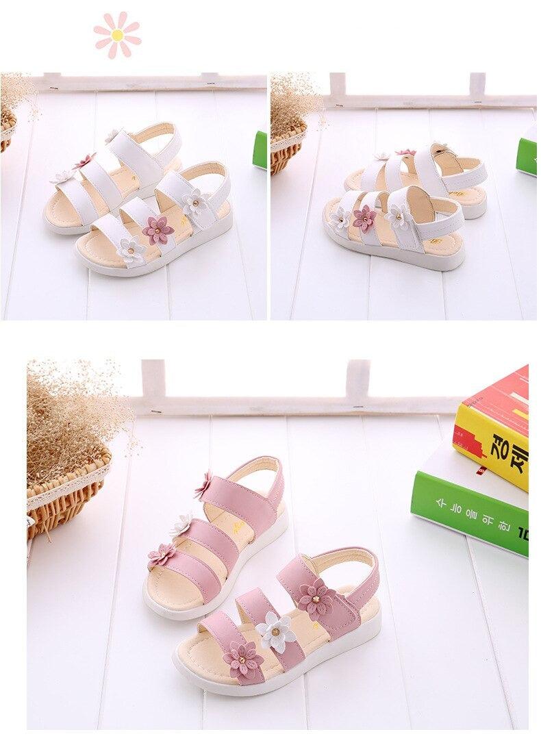 Chaussures pour enfants Sandales d'été Filles Princesse Belles chaussures à fleurs Sandales plates pour enfants Bébé Fille Sandales à lanières pour filles avec fleurs Sandales habillées à bout ouvert Belles sandales de fête en plein air