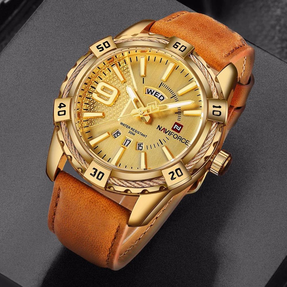 Montre étanche en cuir pour homme avec affichage du jour, de la date et aiguilles fluorescentes – Cadeau idéal pour votre homme