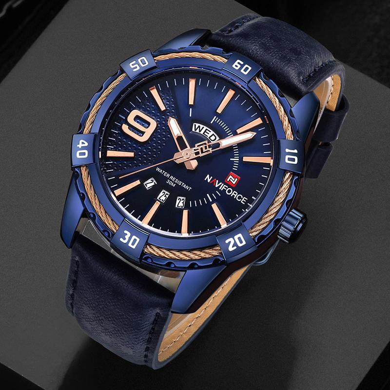 Montre étanche en cuir pour homme avec affichage du jour, de la date et aiguilles fluorescentes – Cadeau idéal pour votre homme