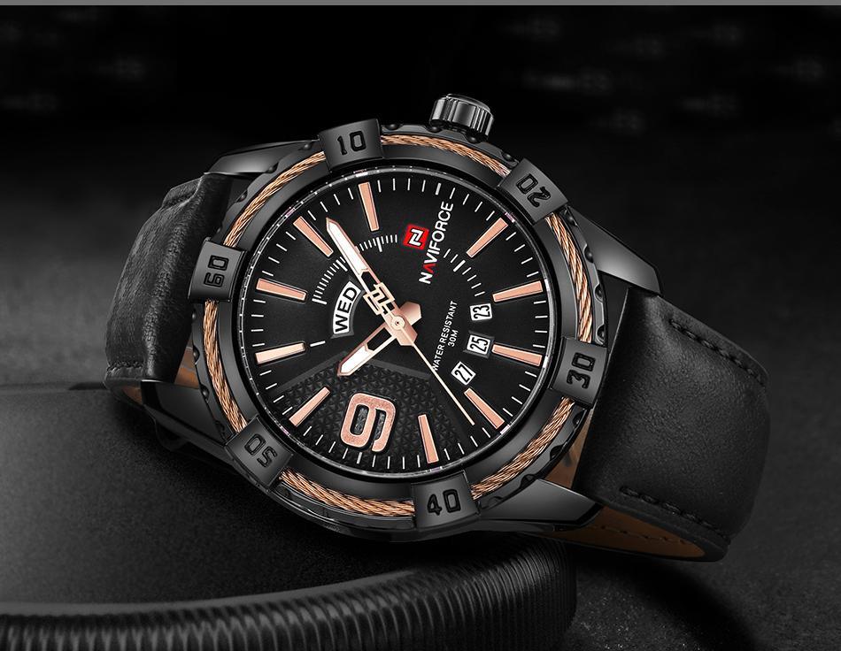 Montre étanche en cuir pour homme avec affichage du jour, de la date et aiguilles fluorescentes – Cadeau idéal pour votre homme