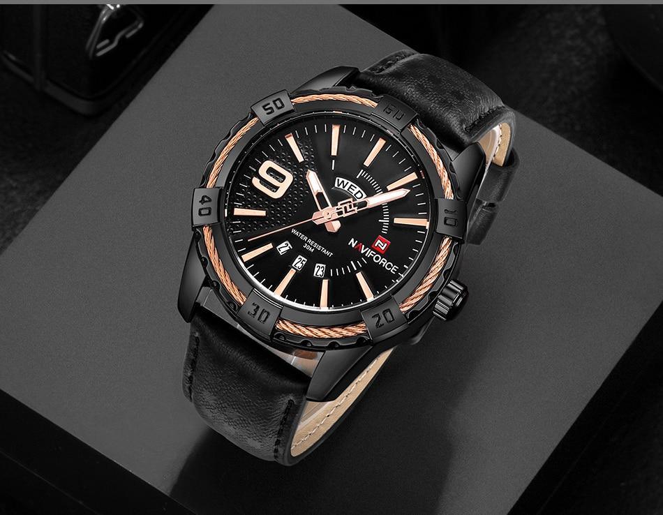 Montre étanche en cuir pour homme avec affichage du jour, de la date et aiguilles fluorescentes – Cadeau idéal pour votre homme