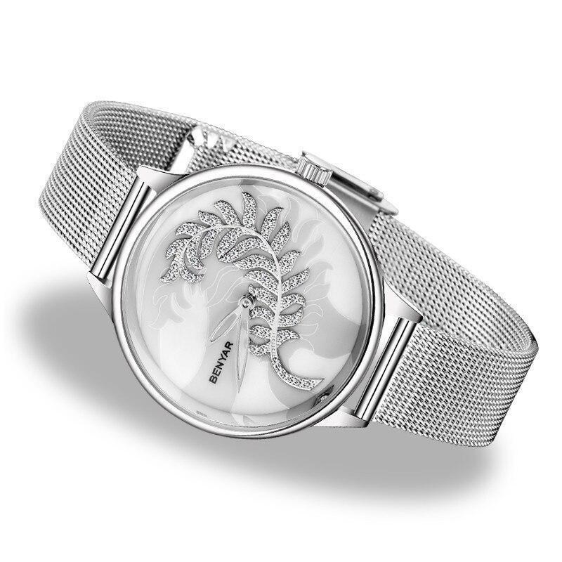 Montre Ronde Luxe Femme Simple Analogique Quartz Élégante Bracelet Maille Acier Inoxydable Montre-Bracelet Tendance pour Femme