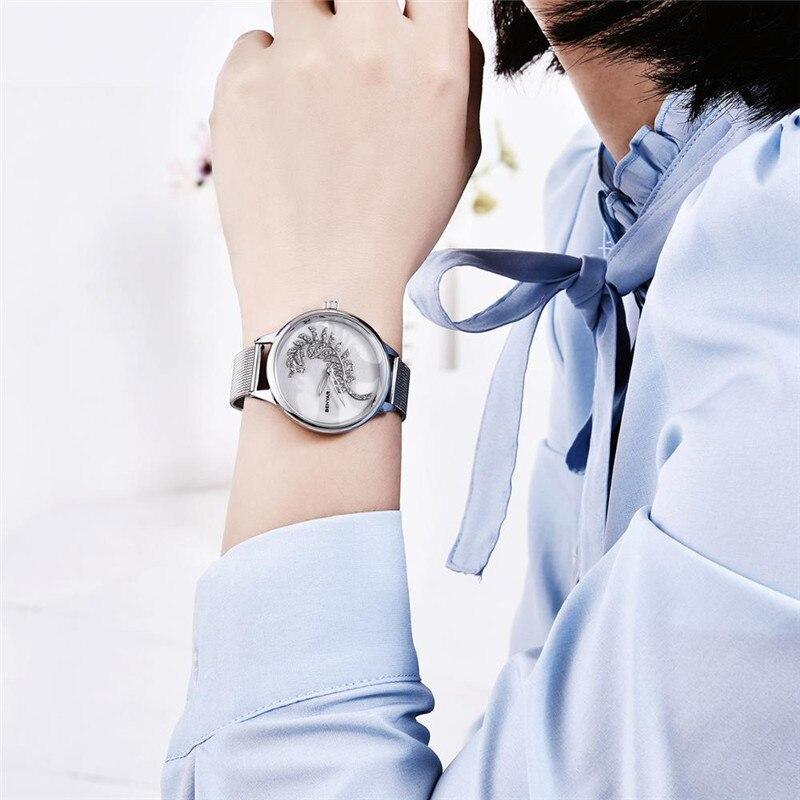 Montre Ronde Luxe Femme Simple Analogique Quartz Élégante Bracelet Maille Acier Inoxydable Montre-Bracelet Tendance pour Femme