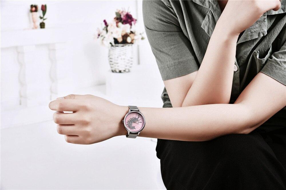 Montre Ronde Luxe Femme Simple Analogique Quartz Élégante Bracelet Maille Acier Inoxydable Montre-Bracelet Tendance pour Femme