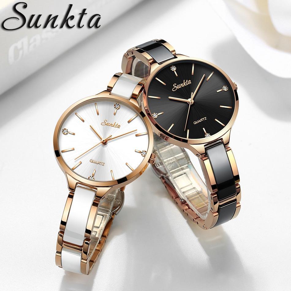 Montre-bracelet moderne étanche pour femme avec bracelet en céramique et fond brillant orné de zircons