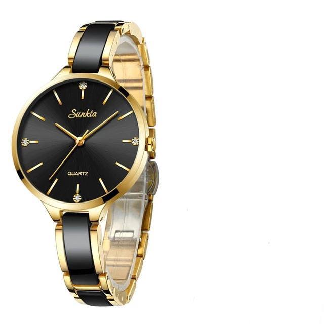 Montre-bracelet moderne étanche pour femme avec bracelet en céramique et fond brillant orné de zircons
