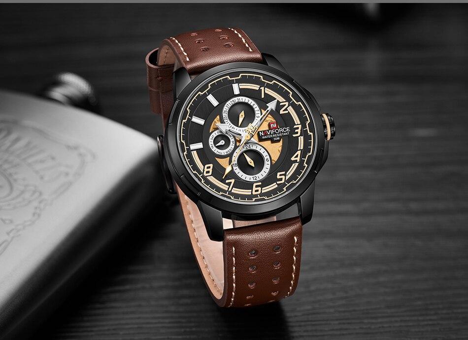 Montres de sport pour homme Montre étanche analogique à quartz Bracelet en cuir Calendrier Date Montre-bracelet unique Cadeau parfait