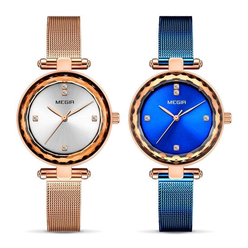 Montre de luxe pour femme, couleur or rose, analogique, design rond étincelant et élégant, bracelet en acier inoxydable.